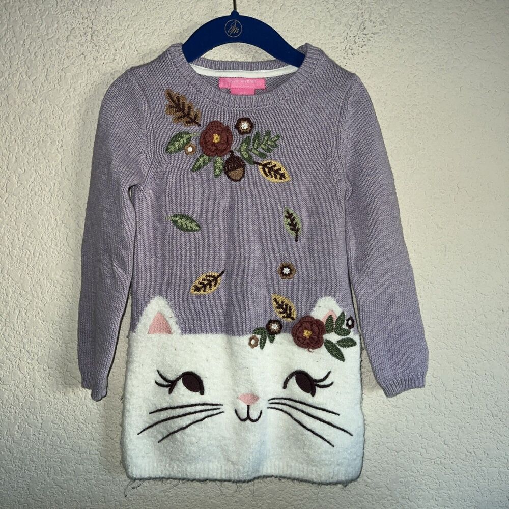 Isaac Mizrahi Sweater Dress Cat Face Floral Embroidered Purple Knit 2t Crochet
